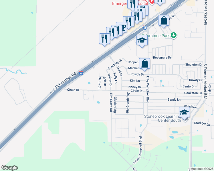 map of restaurants, bars, coffee shops, grocery stores, and more near 1700 Bob Drive in Royse City