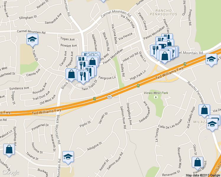map of restaurants, bars, coffee shops, grocery stores, and more near 201 Fairgrove Lane in San Diego