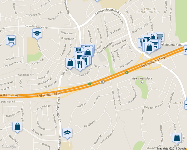 map of restaurants, bars, coffee shops, grocery stores, and more near 9428 Twin Trails Drive in San Diego