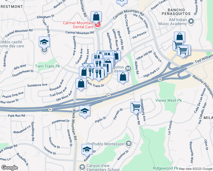 map of restaurants, bars, coffee shops, grocery stores, and more near 9428 Twin Trails Drive in San Diego