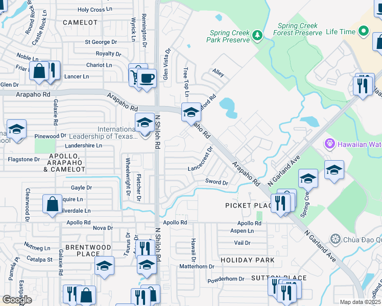 map of restaurants, bars, coffee shops, grocery stores, and more near 2305 Knighthood Lane in Garland
