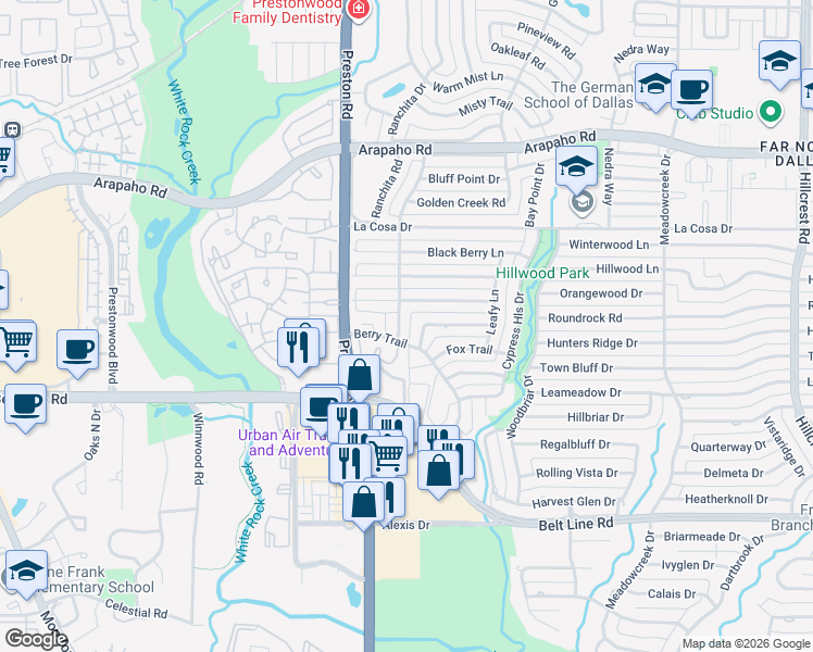 map of restaurants, bars, coffee shops, grocery stores, and more near 15315 Trails End Drive in Dallas
