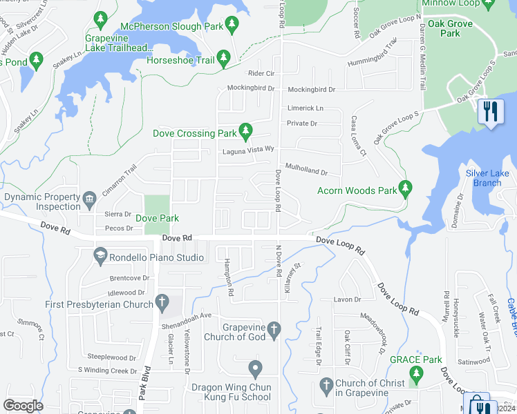 map of restaurants, bars, coffee shops, grocery stores, and more near 1512 Dublin Circle in Grapevine