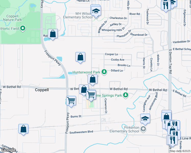 map of restaurants, bars, coffee shops, grocery stores, and more near 560 South Coppell Road in Coppell
