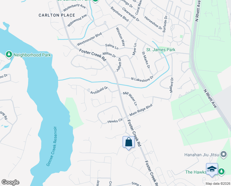 map of restaurants, bars, coffee shops, grocery stores, and more near 103 Archibald Drive in Goose Creek