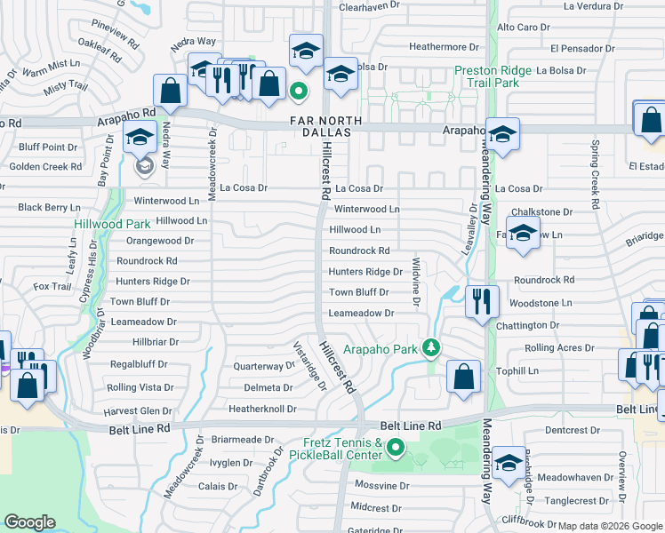 map of restaurants, bars, coffee shops, grocery stores, and more near 7115 Hunters Ridge Drive in Dallas