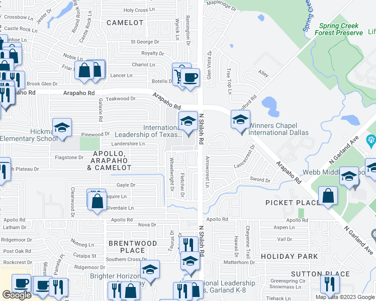 map of restaurants, bars, coffee shops, grocery stores, and more near 1 Lawrence Drive in Garland