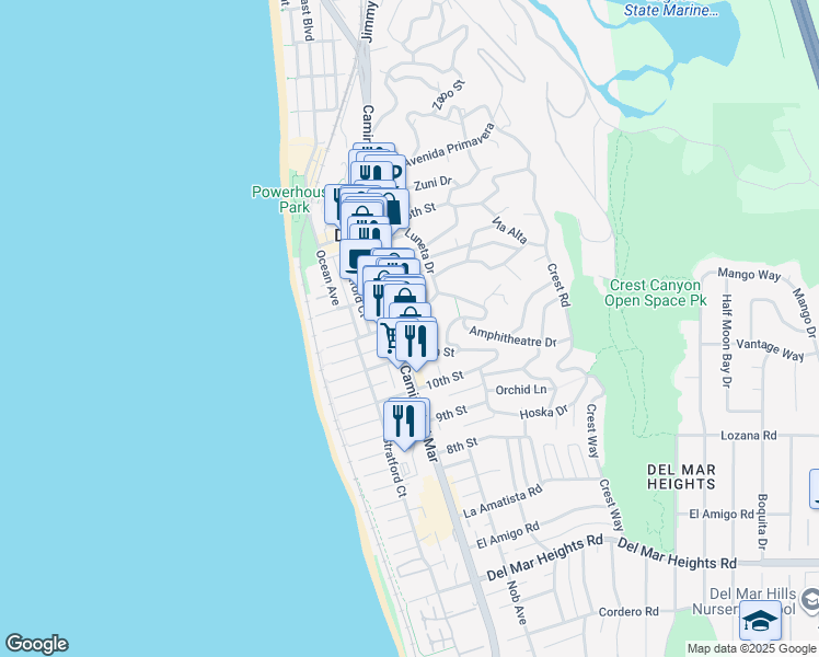 map of restaurants, bars, coffee shops, grocery stores, and more near 1173 Camino Del Mar in Del Mar