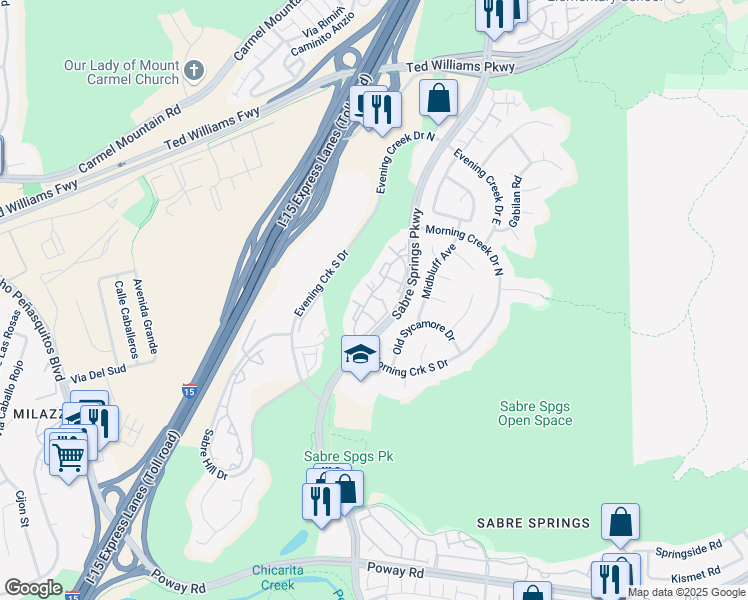 map of restaurants, bars, coffee shops, grocery stores, and more near 13059 Wimberly Square in San Diego