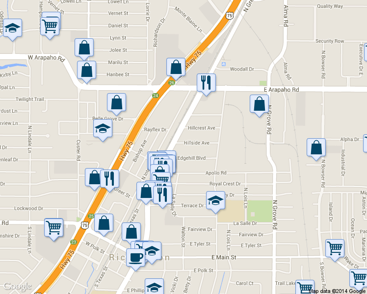 map of restaurants, bars, coffee shops, grocery stores, and more near 306 Hillside Avenue in Richardson