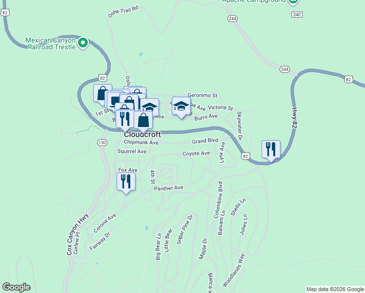 map of restaurants, bars, coffee shops, grocery stores, and more near 607 Grand Avenue in Cloudcroft
