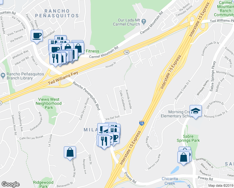 map of restaurants, bars, coffee shops, grocery stores, and more near 13153 Avenue Del General in San Diego