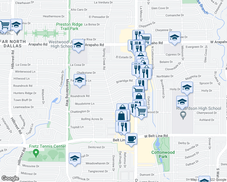 map of restaurants, bars, coffee shops, grocery stores, and more near 7907 Roundrock Road in Dallas