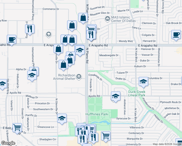 map of restaurants, bars, coffee shops, grocery stores, and more near 1405 Creekside Drive in Richardson