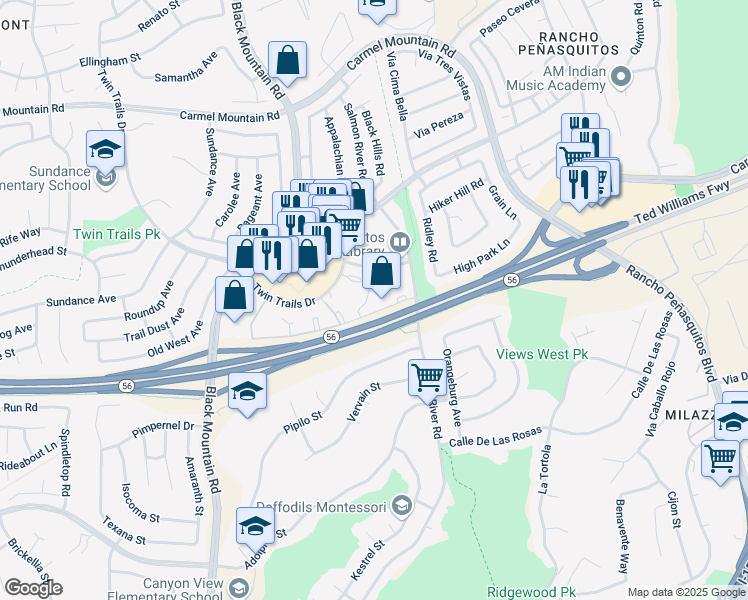 map of restaurants, bars, coffee shops, grocery stores, and more near 201 Fairgrove Lane in San Diego
