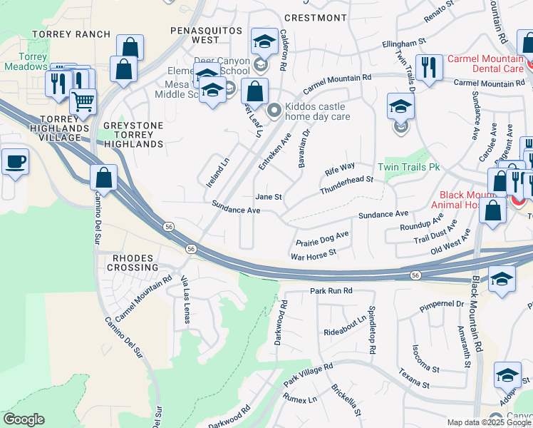 map of restaurants, bars, coffee shops, grocery stores, and more near 12665 Sundance Avenue in San Diego