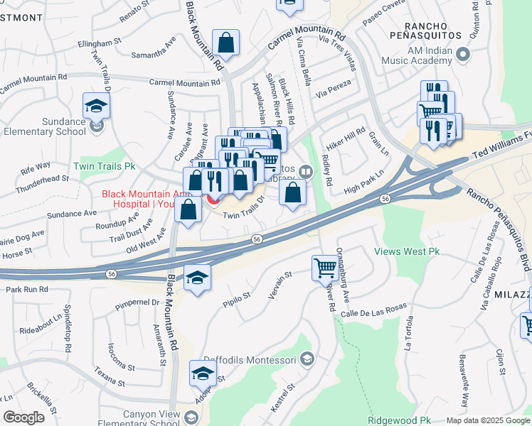 map of restaurants, bars, coffee shops, grocery stores, and more near 9428 Twin Trails Drive in San Diego