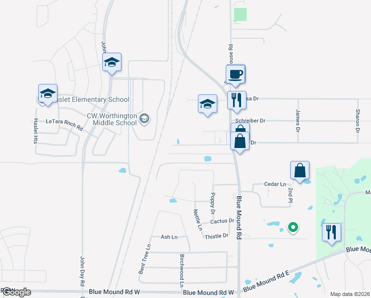 map of restaurants, bars, coffee shops, grocery stores, and more near 1302 Farm to Market Road 156 in Haslet