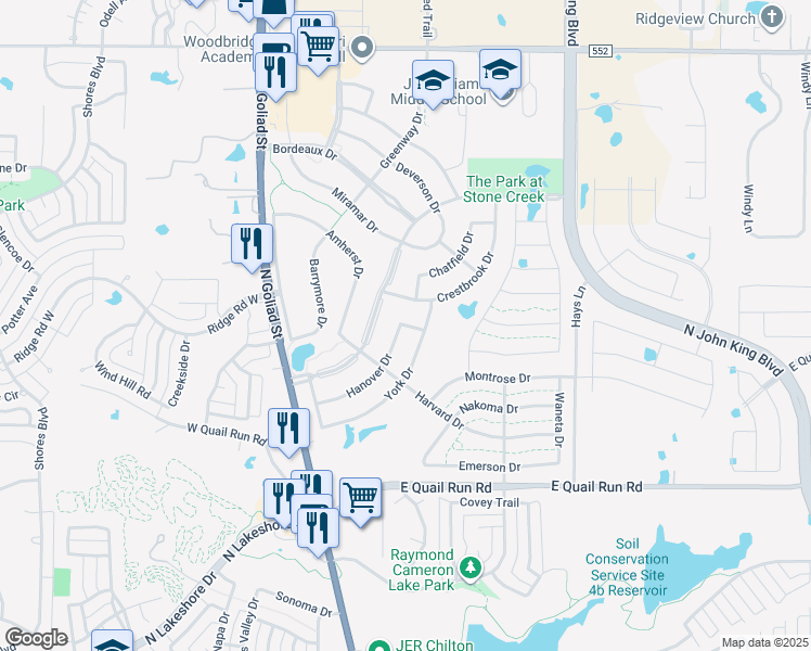 map of restaurants, bars, coffee shops, grocery stores, and more near 302 Shady Branch Drive in Rockwall