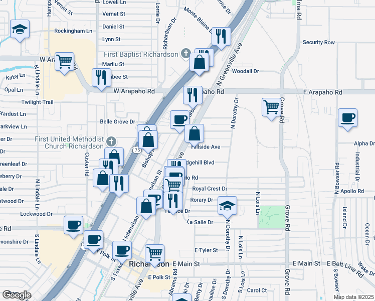 map of restaurants, bars, coffee shops, grocery stores, and more near 1701 North Greenville Avenue in Richardson