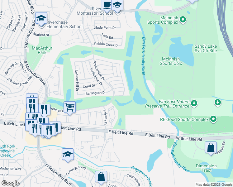 map of restaurants, bars, coffee shops, grocery stores, and more near 1513 Cuttingham Court in Coppell