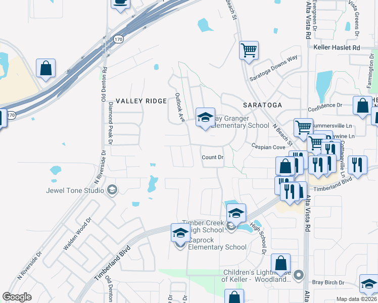 map of restaurants, bars, coffee shops, grocery stores, and more near 12525 Outlook Avenue in Fort Worth