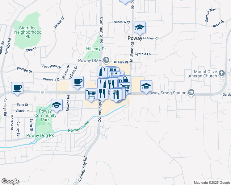 map of restaurants, bars, coffee shops, grocery stores, and more near Poway Road in Poway