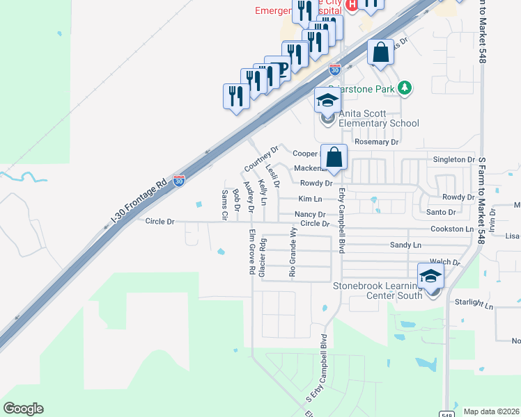 map of restaurants, bars, coffee shops, grocery stores, and more near 1705 Kelly Lane in Royse City