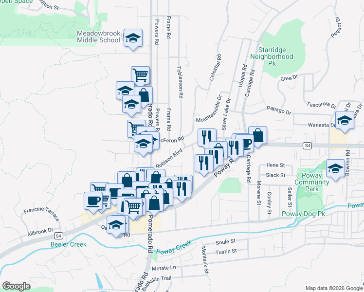 map of restaurants, bars, coffee shops, grocery stores, and more near 12448 Robison Boulevard in Poway