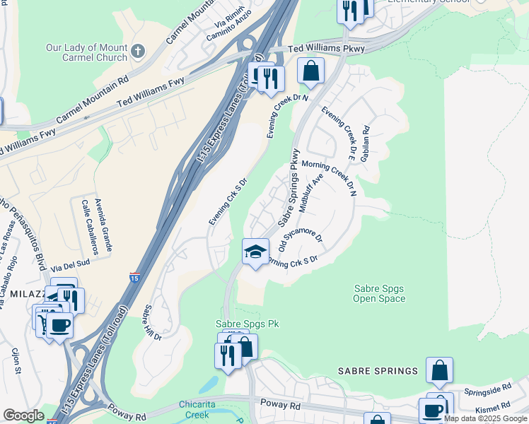 map of restaurants, bars, coffee shops, grocery stores, and more near 13175 Wimberly Square in San Diego