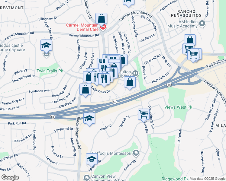 map of restaurants, bars, coffee shops, grocery stores, and more near 9428 Twin Trails Drive in San Diego