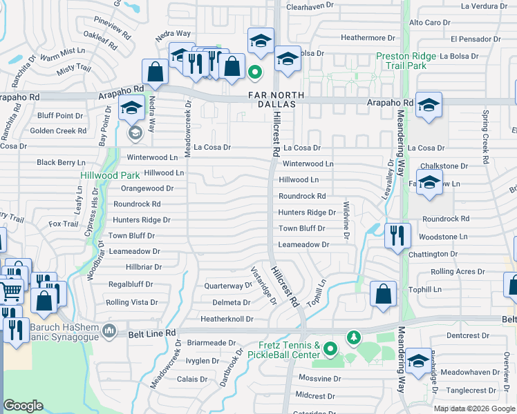 map of restaurants, bars, coffee shops, grocery stores, and more near 7031 Hunters Ridge Drive in Dallas