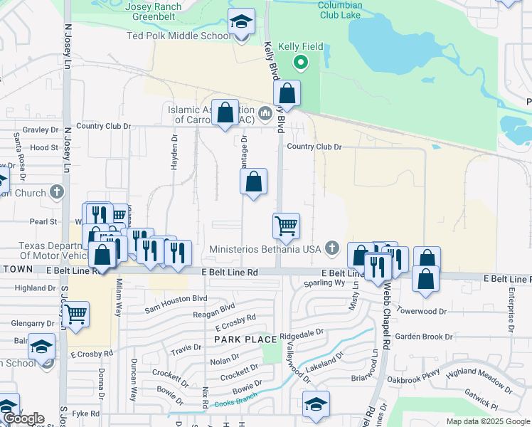 map of restaurants, bars, coffee shops, grocery stores, and more near 1279-1381 Kelly Boulevard in Carrollton