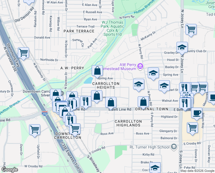 map of restaurants, bars, coffee shops, grocery stores, and more near 1202 Clint Street in Carrollton