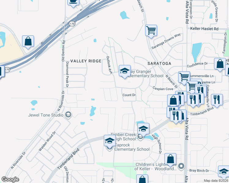 map of restaurants, bars, coffee shops, grocery stores, and more near 12525 Outlook Avenue in Fort Worth