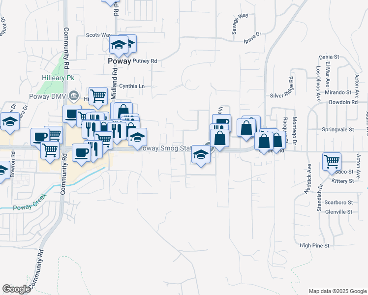 map of restaurants, bars, coffee shops, grocery stores, and more near 13900 Poway Road in Poway