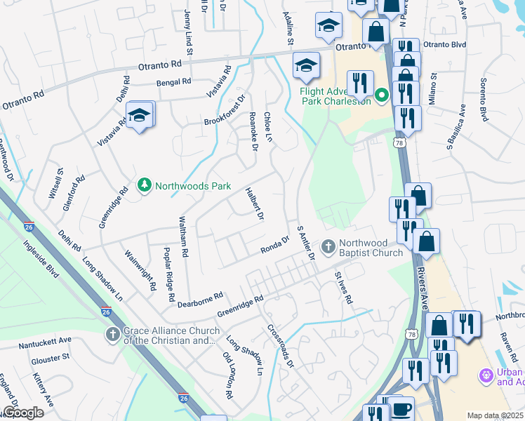 map of restaurants, bars, coffee shops, grocery stores, and more near 8188 Halbert Drive in North Charleston