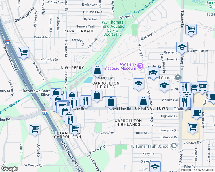 map of restaurants, bars, coffee shops, grocery stores, and more near 1202 Clint Street in Carrollton