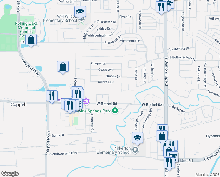 map of restaurants, bars, coffee shops, grocery stores, and more near 300 Brock St in Coppell