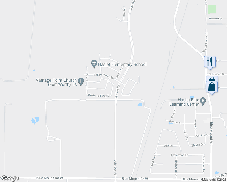 map of restaurants, bars, coffee shops, grocery stores, and more near 1303 Bentley Boulevard in Haslet