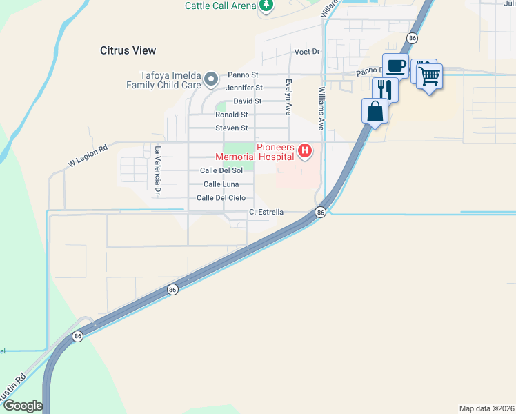 map of restaurants, bars, coffee shops, grocery stores, and more near 225 West Legion Road in Brawley