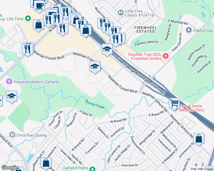 map of restaurants, bars, coffee shops, grocery stores, and more near 703 Cedar Cove Drive in Garland