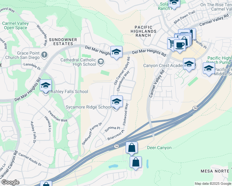 map of restaurants, bars, coffee shops, grocery stores, and more near 13020 Chambord Way in San Diego