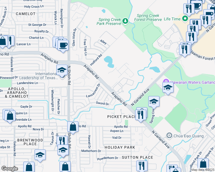 map of restaurants, bars, coffee shops, grocery stores, and more near Arapaho Road in Garland