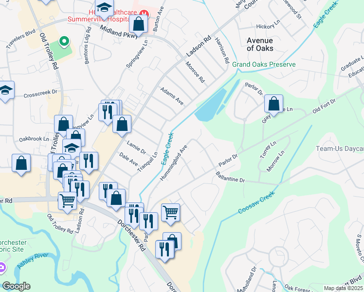 map of restaurants, bars, coffee shops, grocery stores, and more near 144 Hummingbird Avenue in Ladson