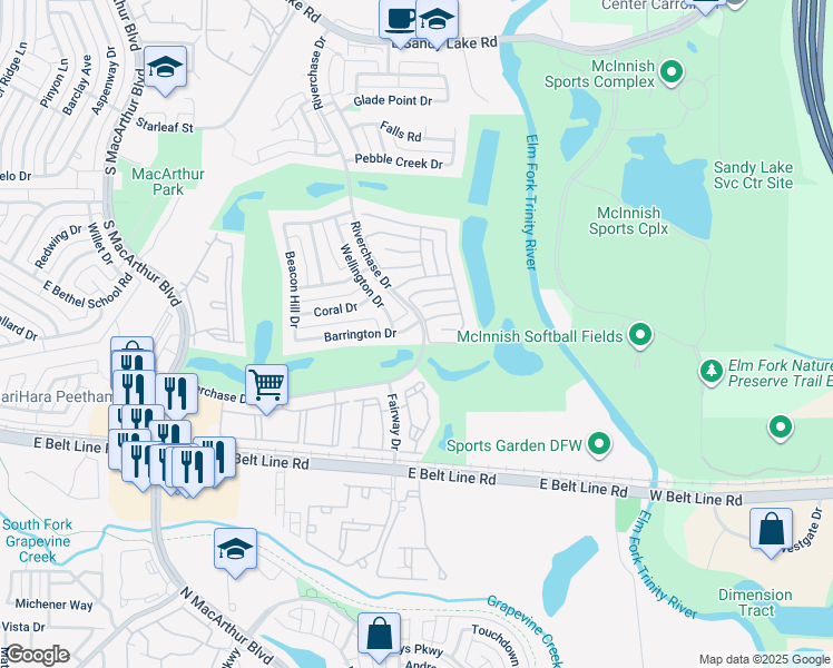 map of restaurants, bars, coffee shops, grocery stores, and more near 1411 Barrington Drive in Coppell