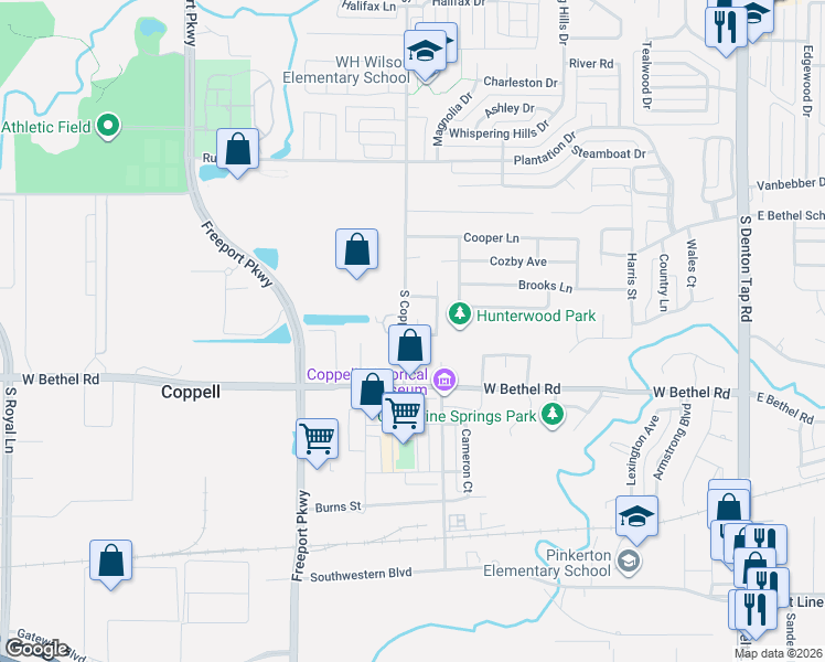 map of restaurants, bars, coffee shops, grocery stores, and more near 560 South Coppell Road in Coppell