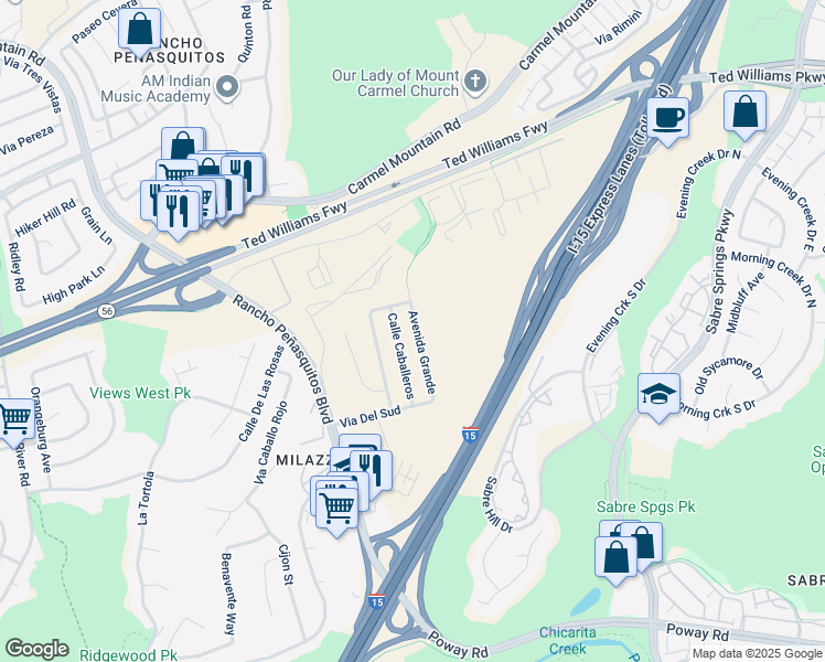 map of restaurants, bars, coffee shops, grocery stores, and more near 13144 Avenida Grande in San Diego