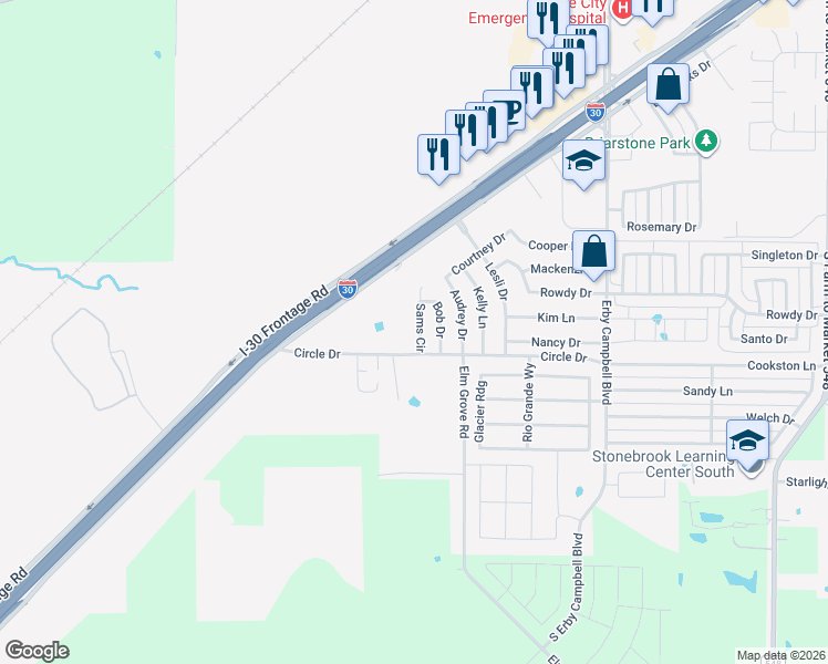 map of restaurants, bars, coffee shops, grocery stores, and more near 1621 Sams Circle in Royse City