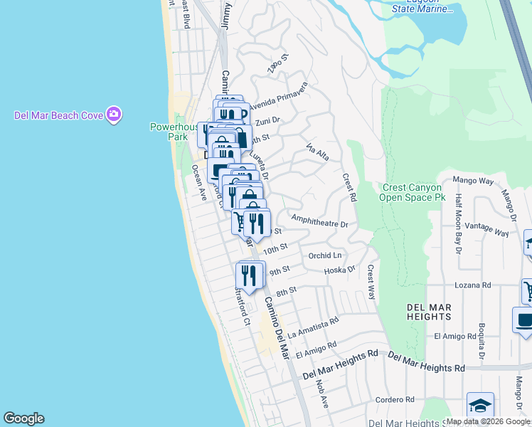 map of restaurants, bars, coffee shops, grocery stores, and more near 1141 Luneta Drive in Del Mar
